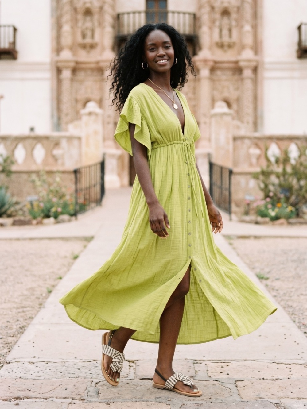 Peach Love Lime Green Gauze Button Front Maxi Dress | Deep V Drawstring Waist - Picture 3 of 8